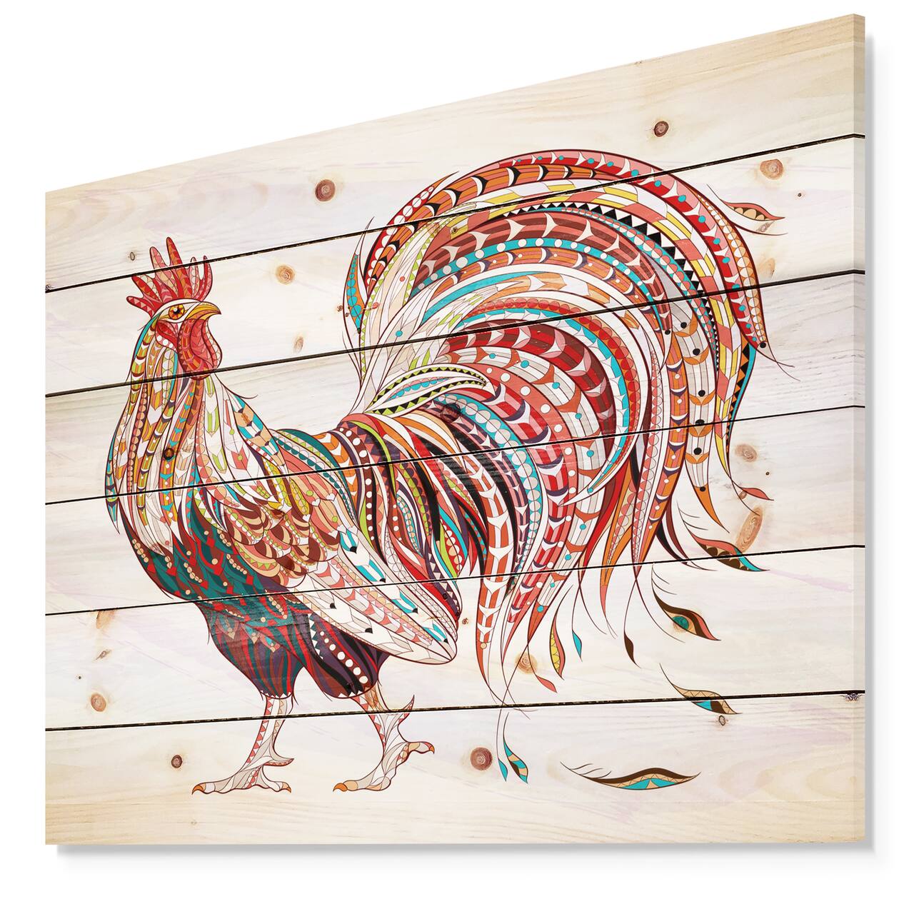 Designart - Patterned rooster Symbol of chinese new year - Farmhouse Animals of Painting Print on Natural Pine Wood